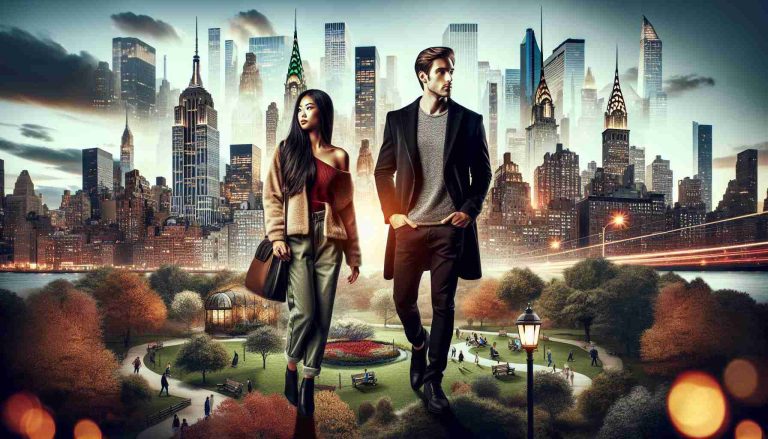 Create an engaging image depicting the scenario of two individuals, a man and a woman, experiencing a budding romance in New York City. Show the man as a Black individual, casual yet stylish clothing, and the woman as an Asian individual, wearing contemporary fashion. Surround them with the iconic cityscape elements such as skyscrapers, parks, and city lights, all reflecting an early autumn vibe. Ensure the image evokes an ambiance of surprise, hinting at an unexpected romantic occurrence, but do not reveal the identity of these individuals.