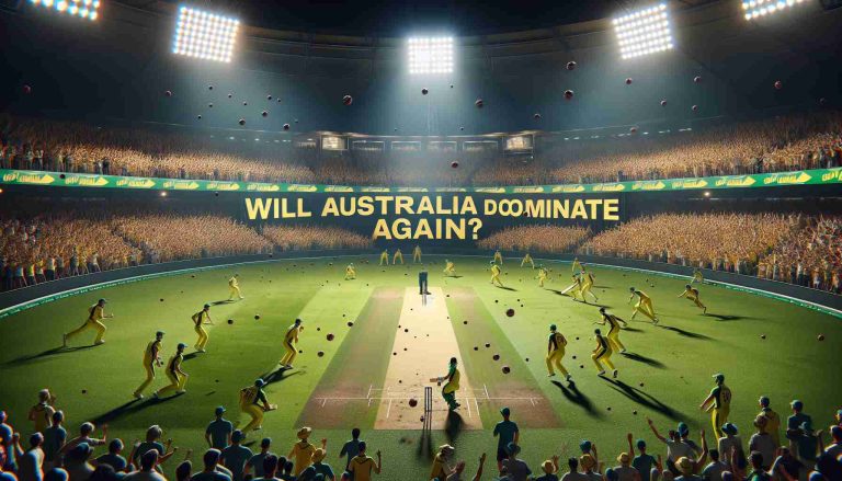 A high-definition, realistic image depicting a highly tense cricket match. The scene is filled with players in yellow and green uniforms, representing Australia, determined and focused, spreading across the field. The spectators, holding their breaths, watch with anticipation and cheering banners that read 'Will Australia dominate again?'. The stadium lights add drama to the scene, highlighting the players' athletic forms and expressions. An upcoming ball delivery is foreshadowed, illustrating the exciting question of Australia's potential domination in this cricket clash.