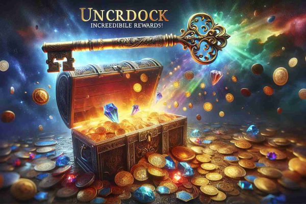 An in-depth, high-definition image portraying 'Unlock Incredible Rewards!'. It features a vibrant scene with a detailed, intricately designed key symbolizing 'unlock'. The 'incredible rewards' could be represented by a treasure chest overflowing with various types of riches such as gold coins, sparkling gemstones, and exotic artifacts. Added emphasis on the feeling of excitement and adventure, perhaps through the use of dramatic lighting and compelling colors, conveying a sense of awe and desire.