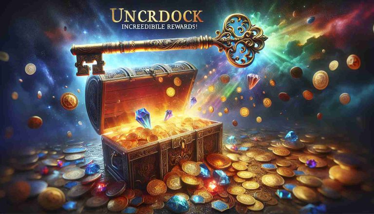 An in-depth, high-definition image portraying 'Unlock Incredible Rewards!'. It features a vibrant scene with a detailed, intricately designed key symbolizing 'unlock'. The 'incredible rewards' could be represented by a treasure chest overflowing with various types of riches such as gold coins, sparkling gemstones, and exotic artifacts. Added emphasis on the feeling of excitement and adventure, perhaps through the use of dramatic lighting and compelling colors, conveying a sense of awe and desire.