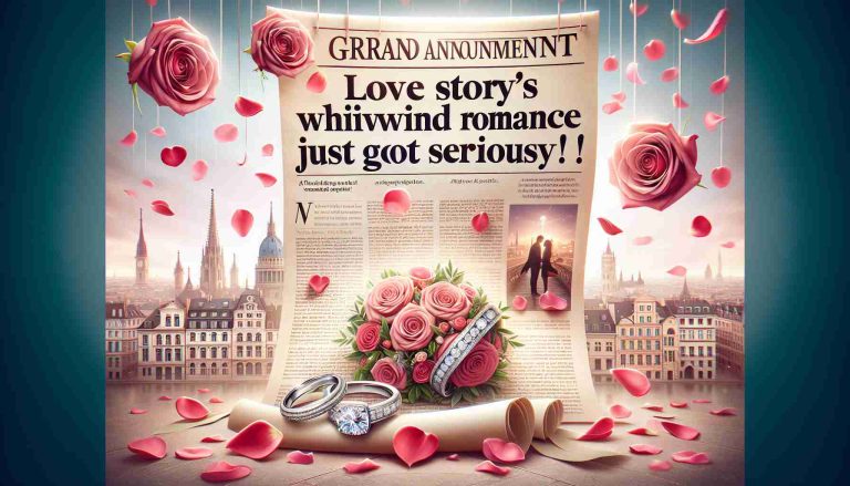 High definition, realistic image of a grand announcement headline: 'Love Story's Whirlwind Romance Just Got Serious'! The image also features engagement rings, rose petals, and a romantic backdrop of a European city skyline. Keep it ambiguous, do not present any individuals in the image.