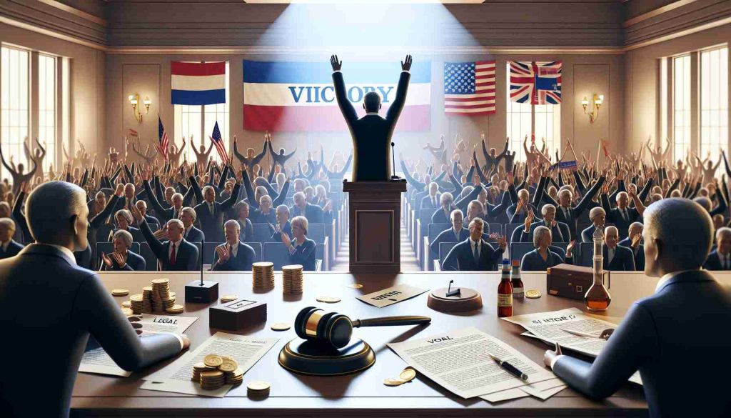 A high-definition, realistic illustration highlighting the theme of victory in a courtroom setting for an unidentified, nondescript politician. Key elements include a setting of a courtroom, with legal documents and a gavel emphasizing the legality of the scene, symbols of victory such as cheering crowd and breaking news headlines. The visual should also subtly embed a narrative that this could potentially impact a country's migration policies. The illustration should not depict any specific politician or reference any real political event.