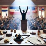 A high-definition, realistic illustration highlighting the theme of victory in a courtroom setting for an unidentified, nondescript politician. Key elements include a setting of a courtroom, with legal documents and a gavel emphasizing the legality of the scene, symbols of victory such as cheering crowd and breaking news headlines. The visual should also subtly embed a narrative that this could potentially impact a country's migration policies. The illustration should not depict any specific politician or reference any real political event.