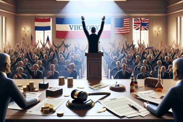 A high-definition, realistic illustration highlighting the theme of victory in a courtroom setting for an unidentified, nondescript politician. Key elements include a setting of a courtroom, with legal documents and a gavel emphasizing the legality of the scene, symbols of victory such as cheering crowd and breaking news headlines. The visual should also subtly embed a narrative that this could potentially impact a country's migration policies. The illustration should not depict any specific politician or reference any real political event.