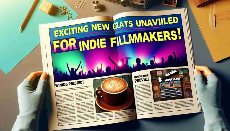 A high definition image displaying the announcement of new grants being made available for independent filmmakers. The scene unfolds with an air of excitement. It showcases the front page of a dedicated magazine or website. The vibrant headline reads 'Exciting New Grants Unveiled for Indie Filmmakers!' There's a preview section that offers a glance at the winning projects with enticing information calling for the viewers to discover more.