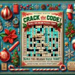 Generate a realistic high-definition image. Layout a holiday-themed puzzle with the title, 'Crack the Code! Tackle This Holiday Puzzle Today!'. The puzzle should be engaging, consisting of versatile gaming elements like riddles, crossword, symbol substitution cryptography elements intermixed with holiday motifs like snowflakes, candy canes, holly leaves and Christmas bulbs. The title is prominently displayed at the top of the image in cheerful festive font.