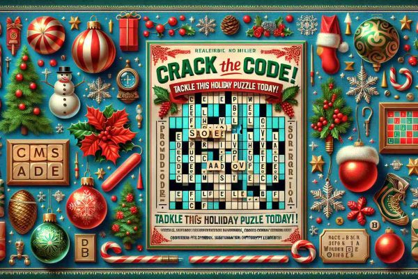 Generate a realistic high-definition image. Layout a holiday-themed puzzle with the title, 'Crack the Code! Tackle This Holiday Puzzle Today!'. The puzzle should be engaging, consisting of versatile gaming elements like riddles, crossword, symbol substitution cryptography elements intermixed with holiday motifs like snowflakes, candy canes, holly leaves and Christmas bulbs. The title is prominently displayed at the top of the image in cheerful festive font.