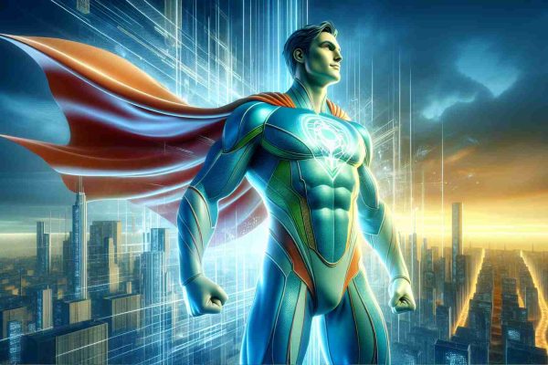 A realistic, high definition illustration depicting a heroic figure, wearing a brightly colored costume, striking a powerful pose against a backdrop of a gleaming city horizon. The figure is sculpted with strong features, a cape fluttering behind him, and a symbol of hope prominently displayed on his chest. Futuristic skyscrapers gleam under the light of a dawn, symbolizing a new day and a bright future.