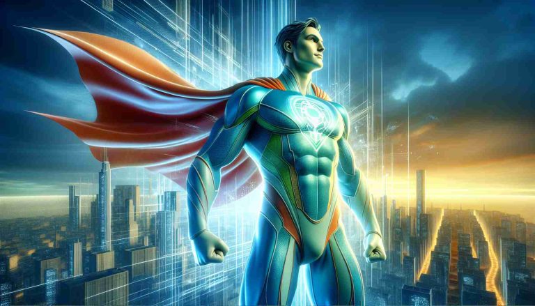 A realistic, high definition illustration depicting a heroic figure, wearing a brightly colored costume, striking a powerful pose against a backdrop of a gleaming city horizon. The figure is sculpted with strong features, a cape fluttering behind him, and a symbol of hope prominently displayed on his chest. Futuristic skyscrapers gleam under the light of a dawn, symbolizing a new day and a bright future.