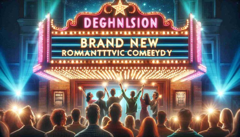 High-definition image concept for a brand new romantic comedy, featuring a group of talented actors lighting up the theater with sparkling chemistry. They stand under the marquee of an old-fashioned cinema, the title of their film shining in bright neon lights. Excitement, anticipation, and a promise of laughter fill the air.