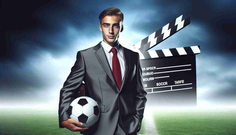 A high-definition, realistic image of a generically handsome young man who has transitioned from being a soccer player to working in the film industry. He stands boldly on a soccer field, his soccer ball under one foot, while in the background, the silver screen towers, signaling his surprising career shift.