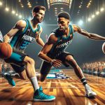 Generate a realistic high definition image of a thrilling basketball game situation. Two players, one of them a Caucasian male and the other a Black male, both wearing Hornets' themed basketball kits, are in perfect sync, dominating the court. They energetically drive the ball, showcasing their superb skills and teamwork. The arena is packed with excited fans, immersed in this spectacular display of sportsmanship.