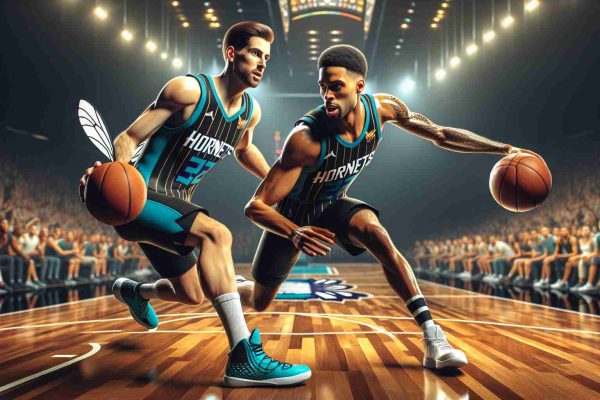 Generate a realistic high definition image of a thrilling basketball game situation. Two players, one of them a Caucasian male and the other a Black male, both wearing Hornets' themed basketball kits, are in perfect sync, dominating the court. They energetically drive the ball, showcasing their superb skills and teamwork. The arena is packed with excited fans, immersed in this spectacular display of sportsmanship.