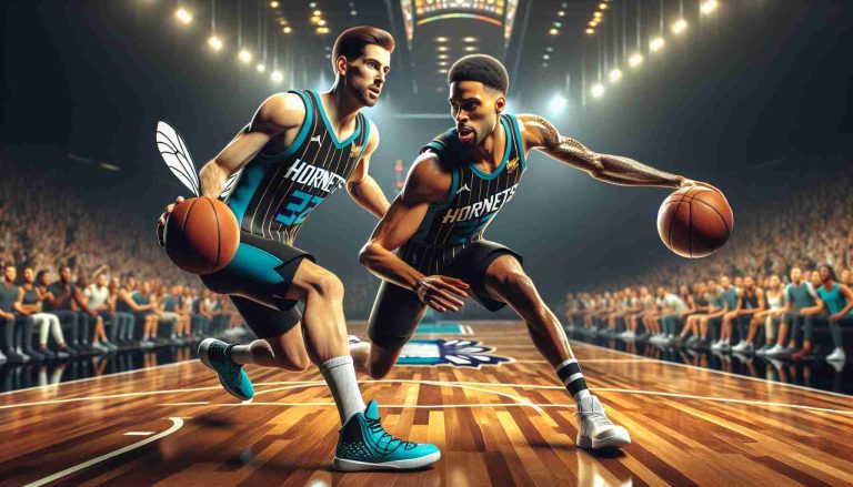 Generate a realistic high definition image of a thrilling basketball game situation. Two players, one of them a Caucasian male and the other a Black male, both wearing Hornets' themed basketball kits, are in perfect sync, dominating the court. They energetically drive the ball, showcasing their superb skills and teamwork. The arena is packed with excited fans, immersed in this spectacular display of sportsmanship.