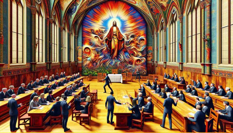 Create an ultra-high-definition image depicting a controversy stirring in a traditional church environment over an abstract artwork. The artwork, radiating a sense of shock and surprise, has raised questions amongst the church-goers whether this is true art or blasphemy. The artist is an anonymous figure and the art is said to be the work of artificial intelligence. People can be seen discussing and debating around the artwork in the church. The scenery should be realistic and vibrant.