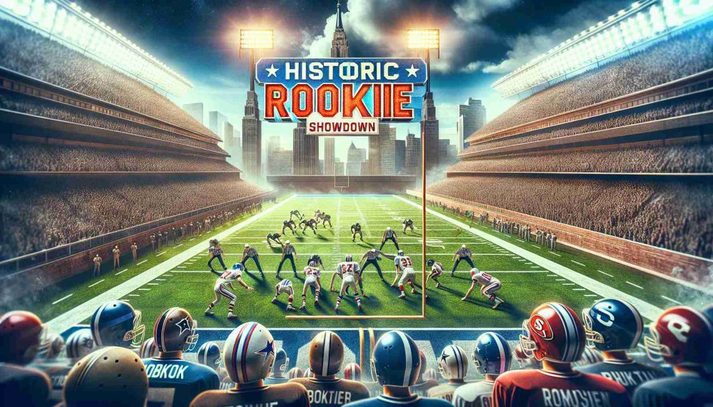 Create a high-definition, realistic image that depicts a historic rookie showdown in American football. This scene should be vibrant and full of energy, capturing the anticipation and excitement of the epic matchup. The image should correspond to a typical American football game setting, possibly including a football field, players in action, and fans enthusiastically cheering on the rookie players.