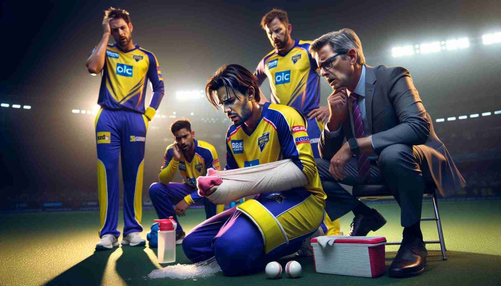 Realistic high-definition photograph showcasing cricketers from the Big Bash League trying to cope with an injury crisis. Capture the intensity of the situation with players icing their injuries and coaches deeply engrossed in dialogue, scheming strategies for the unexpected season cuts. Illustrate the feelings of shock and disappointment along with the determination to overcome.