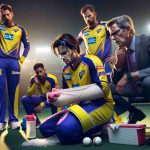 Realistic high-definition photograph showcasing cricketers from the Big Bash League trying to cope with an injury crisis. Capture the intensity of the situation with players icing their injuries and coaches deeply engrossed in dialogue, scheming strategies for the unexpected season cuts. Illustrate the feelings of shock and disappointment along with the determination to overcome.