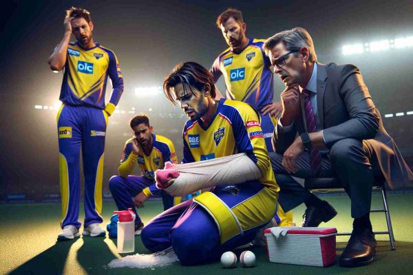 Realistic high-definition photograph showcasing cricketers from the Big Bash League trying to cope with an injury crisis. Capture the intensity of the situation with players icing their injuries and coaches deeply engrossed in dialogue, scheming strategies for the unexpected season cuts. Illustrate the feelings of shock and disappointment along with the determination to overcome.