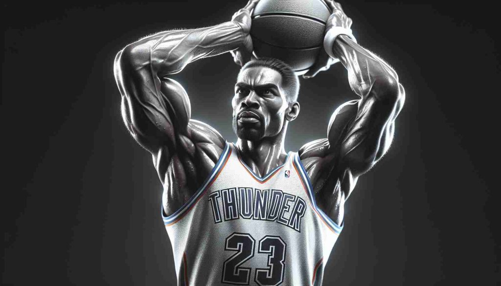 A realistic, high-definition image of an athlete renowned for his significant achievements in basketball. He is powerful, incredibly agile, and a true sports legend. The athlete is not a specific person but embodies the skills of top players. His jersey is emblazoned with the word 'Thunder', indicating his professional team. He holds a basketball, ready to make a decisive shot, evoking the anticipation and energy found in critical game moments.