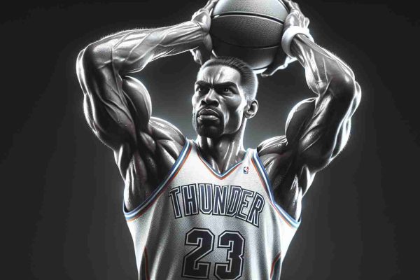 A realistic, high-definition image of an athlete renowned for his significant achievements in basketball. He is powerful, incredibly agile, and a true sports legend. The athlete is not a specific person but embodies the skills of top players. His jersey is emblazoned with the word 'Thunder', indicating his professional team. He holds a basketball, ready to make a decisive shot, evoking the anticipation and energy found in critical game moments.