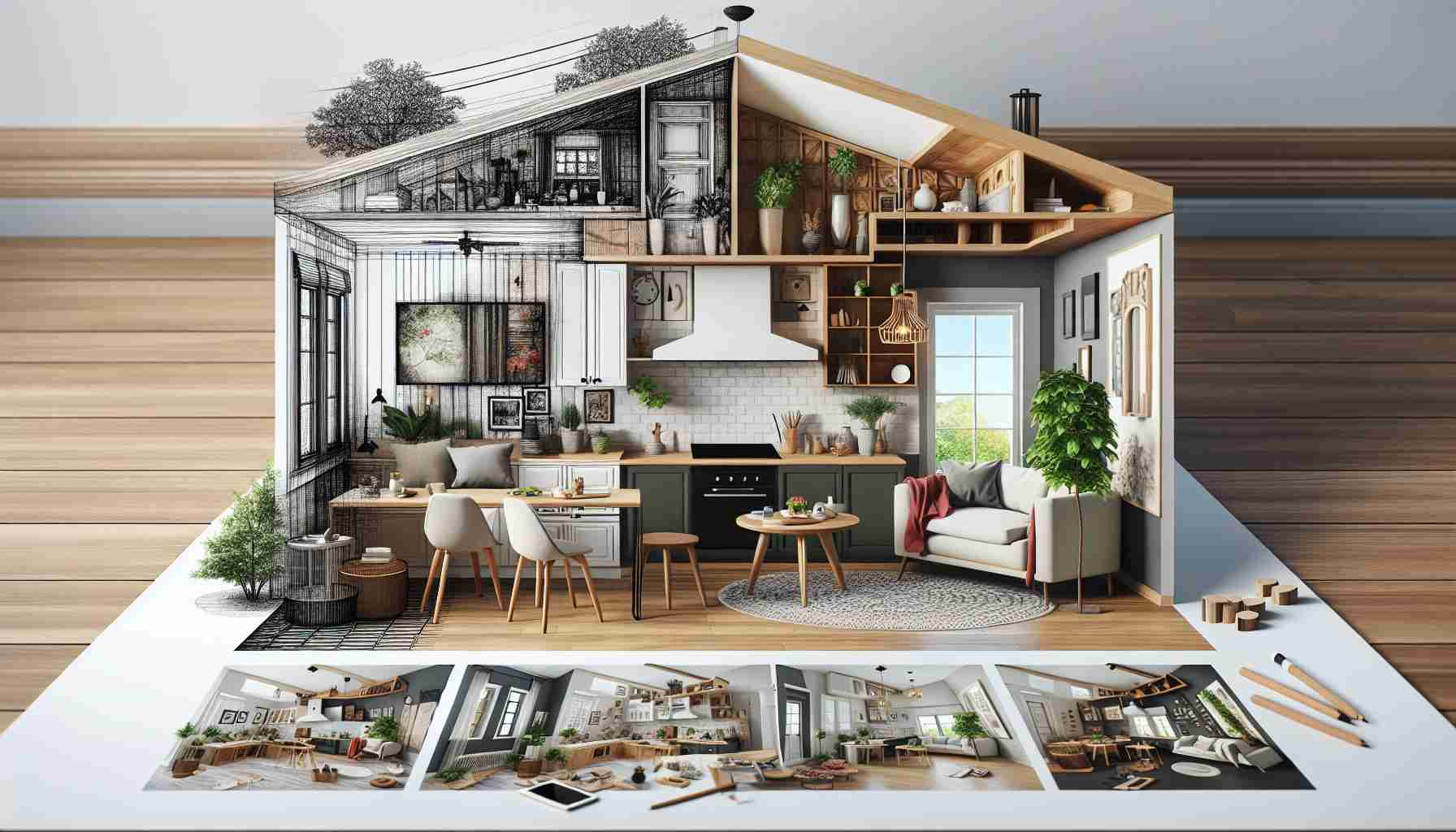 Generate a realistic, high-definition image showcasing a home transformation done on a budget. Illustrate creative solutions such as use of repurposed furniture, DIY decorations, and clever use of space to show a home that was transformed from ordinary to extraordinary without spending a lot of money.