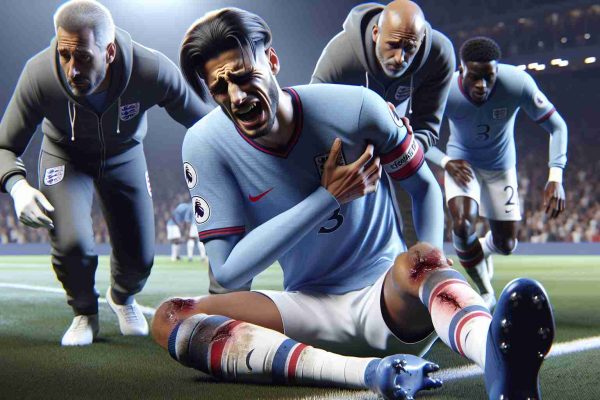 Realistic high-definition photo of a star football winger from a renowned English club coping with an injury setback. This skilled player is shown grimacing in pain on the pitch, with his teammates and medical staff rushing to his aid. The magnitude of the situation raises questions - will he recover in time?