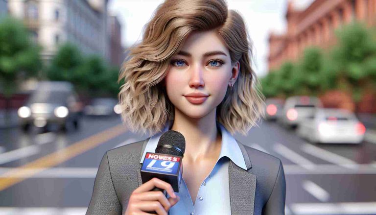 A highly detailed and realistic image of a young, enthusiastic journalist. She is of Australian descent with sandy blonde hair. Her attire of a smart-casual dress suit symbolizes her professional status. She is holding a microphone in her hand and standing on the streets, portraying her active outdoor reporting work. The image has a caption that reads: 'Discover the Inspiring Journey of this Rising Star in Journalism!' The scene takes place during the day with clear blue skies, further emphasizing the HD quality of this portrait.