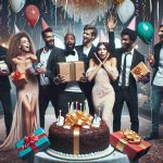 A high-definition, realistic image depicting an astounding birthday surprise scene. There are six friends surprising their buddy, they each have unique gifts in their hands. To add some diversity, there are two Caucasian men, an Asian woman, a Middle-Eastern woman, a Black man, and a South Asian man. None of them are identifiable or famous celebrities, but their expressive faces and luxurious outfits give them a 'star-quality' vibe. An atmosphere of friendship, celebration, and surprise pervades the scene, as balloons, streamers, and a giant cake enhance the birthday mood.