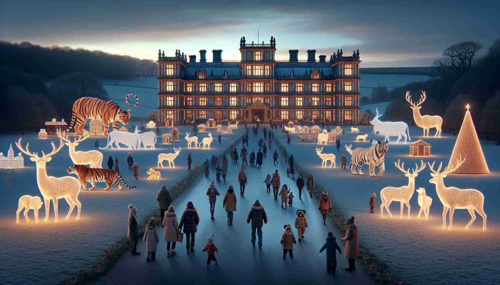 Generate a realistic HD image representing the following scene: It's Christmas time at a majestic, sprawling estate known as Longleat. The sky is awash with shades of twilight, and a light dusting of snow blankets the grounds. Majestic tigers and roaming deer can be seen in the distance, adding a unique charm to the property. The main house itself is illuminated with hundreds of twinkling lights, while larger-than-life decorations depicting classic Festive symbols dot the landscape. People from all walks of life, Caucasian, Hispanic, Black, Middle-Eastern, South Asian, are warmly dressed as they enjoy the festive atmosphere, creating a true sense of magical wonder and anticipation.