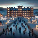 Generate a realistic HD image representing the following scene: It's Christmas time at a majestic, sprawling estate known as Longleat. The sky is awash with shades of twilight, and a light dusting of snow blankets the grounds. Majestic tigers and roaming deer can be seen in the distance, adding a unique charm to the property. The main house itself is illuminated with hundreds of twinkling lights, while larger-than-life decorations depicting classic Festive symbols dot the landscape. People from all walks of life, Caucasian, Hispanic, Black, Middle-Eastern, South Asian, are warmly dressed as they enjoy the festive atmosphere, creating a true sense of magical wonder and anticipation.