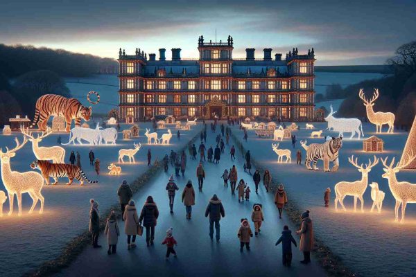 Generate a realistic HD image representing the following scene: It's Christmas time at a majestic, sprawling estate known as Longleat. The sky is awash with shades of twilight, and a light dusting of snow blankets the grounds. Majestic tigers and roaming deer can be seen in the distance, adding a unique charm to the property. The main house itself is illuminated with hundreds of twinkling lights, while larger-than-life decorations depicting classic Festive symbols dot the landscape. People from all walks of life, Caucasian, Hispanic, Black, Middle-Eastern, South Asian, are warmly dressed as they enjoy the festive atmosphere, creating a true sense of magical wonder and anticipation.