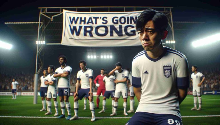 A realistic HD scene showing a football team, identifiable by their white and navy kit, appearing disheartened on the field. Focus on an Asian player who appears disappointed, expressing the team's struggles. A banner hangs above the field reading, 'What’s Going Wrong?'. The atmosphere and expressions should encapsulate a story of a challenging times in football.