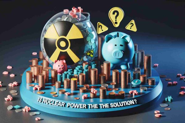 A high-definition, realistic image featuring the concept of nuclear power as a potential solution. The image involves visual metaphors such as safety symbols, piles of coins, and potentially cracked or broken piggy banks, indicating the high costs and potential budgetary impacts. The question 'Is Nuclear Power the Solution?' appears prominently, with the statement 'Safety Costs May Shatter the Budget!' appearing underneath.