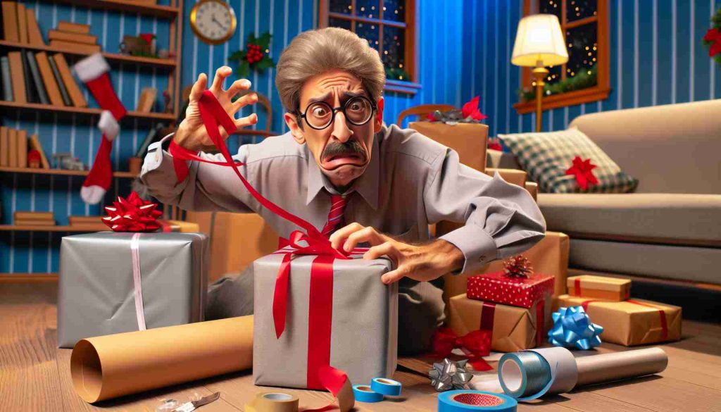 Realistic HD photo of holiday humor featuring a slapstick character analogous to a comedic actor. The scene depicts a scenario where gift wrapping has taken a comedic turn. This character has similar physique to Martin - average height, slightly grey hair and a mustache. He is seen attempting to wrap holiday gifts in a chaotic but lighthearted environment, humorously struggling with wrapping paper, tape, and bows.