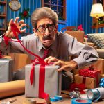 Realistic HD photo of holiday humor featuring a slapstick character analogous to a comedic actor. The scene depicts a scenario where gift wrapping has taken a comedic turn. This character has similar physique to Martin - average height, slightly grey hair and a mustache. He is seen attempting to wrap holiday gifts in a chaotic but lighthearted environment, humorously struggling with wrapping paper, tape, and bows.