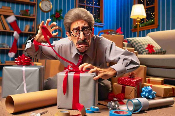 Realistic HD photo of holiday humor featuring a slapstick character analogous to a comedic actor. The scene depicts a scenario where gift wrapping has taken a comedic turn. This character has similar physique to Martin - average height, slightly grey hair and a mustache. He is seen attempting to wrap holiday gifts in a chaotic but lighthearted environment, humorously struggling with wrapping paper, tape, and bows.