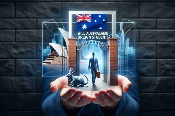 A realistic high-definition image representing the concept of new immigration rules in Australia with a particular focus on foreign students. The image could include a symbolic representation such as an open door or welcoming arms, perhaps integrated with iconic Australian symbols like the Sydney Opera House, Australian flag or a kangaroo. Superimposed text might say 'Will Australia Welcome Foreign Students?'