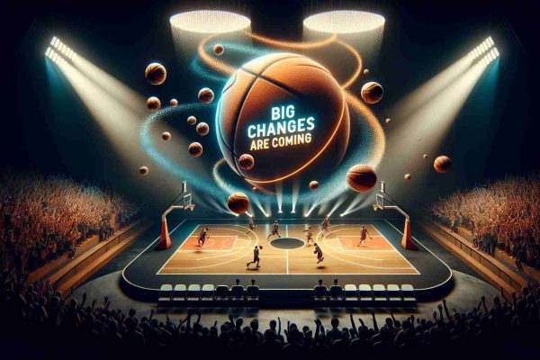 Visualize a hyper-realistic, high-definition picture symbolizing the upcoming season of a professional basketball league. The image should depict elements such as a basketball court, bouncing basketballs, cheering fans, and a dramatic spotlight to signify the anticipation and excitement. Incorporate signage or banners showcasing 'Big Changes are Coming' to hint at the upcoming excitement and alterations in the season.