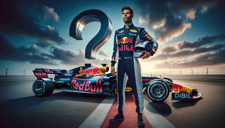 Generate a realistic high-definition image featuring a professional racing driver, who is Latino, dressed in a uniform marked 'Red Bull', standing beside a sleek, well-branded racing car, with a huge question mark hanging in the sky, implying uncertainty about his future. The overall mood hints at dramatic transformations about to take place in the racing team.