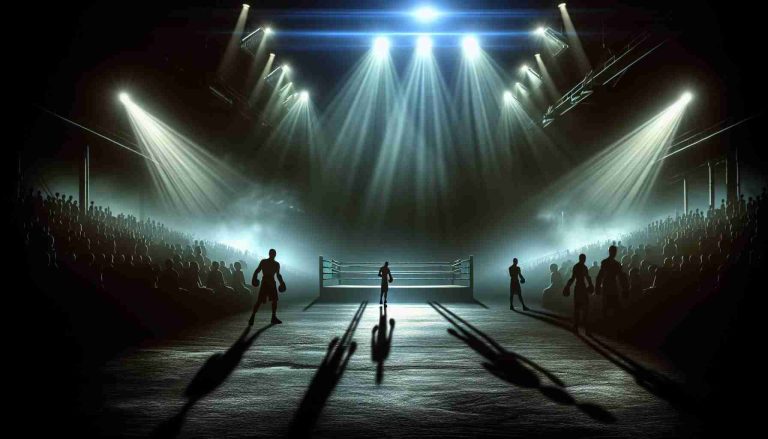 Generate an HD image depicting a tense and thrilling atmosphere. The setting can be a dimly lit arena or stage, with spotlights piercing through the shadows. Sounds of anticipation should be palpable in the form of hushed whispers and hurried footsteps. Symbols of retaliation like a clenched fist or a determined gaze could be present, hinting at a looming showdown or confrontation.