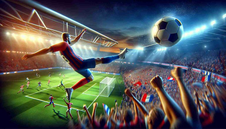 Realistic high-definition image of an exciting weekend football frenzy. Feature scenes from various key matches, showcasing the high-energy moment when players are set to kick the ball, the intense anticipation in the crowd, and the vibrant colours of the team jerseys. This could include a close-up view of the football mid-air, the goal post at a distance, and ecstatic cheering fans in the background creating a festive atmosphere.