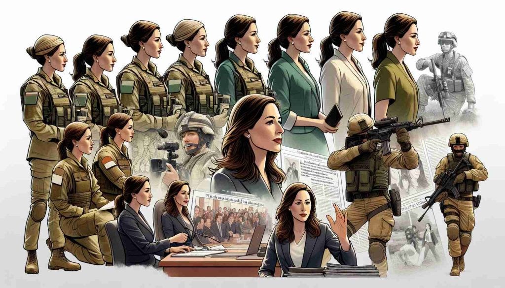 Generate a highly detailed, realistic image depicting the journey of a character named Jessica, moving from her early days as a military cadet to her successful career as a journalist. Illustrate key milestones that highlight her journey. In her cadet phase, show her in a military uniform engaged in rigorous training. In her journalism phase, depict her as a confident, professional woman in a press conference or busy newsroom setting. Make sure to show her with physical signs of success, like awards or significant articles published. Jessica should be of Middle-Eastern descent.