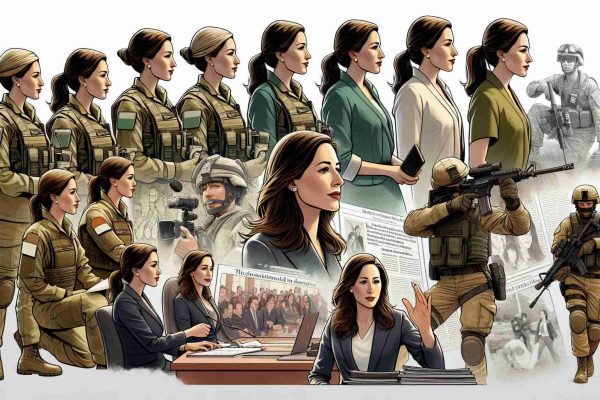 Generate a highly detailed, realistic image depicting the journey of a character named Jessica, moving from her early days as a military cadet to her successful career as a journalist. Illustrate key milestones that highlight her journey. In her cadet phase, show her in a military uniform engaged in rigorous training. In her journalism phase, depict her as a confident, professional woman in a press conference or busy newsroom setting. Make sure to show her with physical signs of success, like awards or significant articles published. Jessica should be of Middle-Eastern descent.