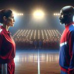 Create a high-definition, realistic image of a momentous showdown between two sports coaches. The scene should convey high tension and anticipation, with both coaches standing opposite each other in a brightly lit indoor court. They are both middle-aged, one is Hispanic woman with brunette hair tied back who's wearing a red uniform, and the other one is a Black man with bald head and wearing a blue tracksuit. The atmosphere is electric and indicates a culmination of a long, difficult journey that these two individuals have undertaken in their respective careers.