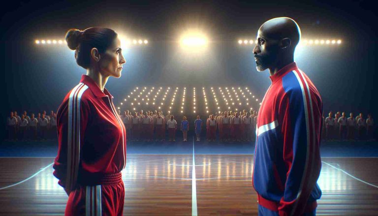 Create a high-definition, realistic image of a momentous showdown between two sports coaches. The scene should convey high tension and anticipation, with both coaches standing opposite each other in a brightly lit indoor court. They are both middle-aged, one is Hispanic woman with brunette hair tied back who's wearing a red uniform, and the other one is a Black man with bald head and wearing a blue tracksuit. The atmosphere is electric and indicates a culmination of a long, difficult journey that these two individuals have undertaken in their respective careers.