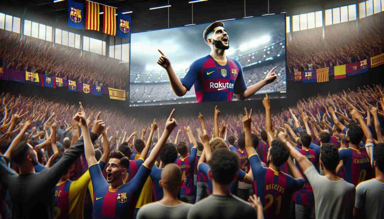 A realistic high resolution image depicting the exuberance of Barcelona football fans at home. They are celebrating the arrival of a new star player. The scene contains a mix of different races and genders, cheering together. Their faces light up with joy as they wave banners and flags. Large screens in the background show an anonymous talented player showcasing his skills, instantly becoming the new hope for the team. The atmosphere is filled with hope and anticipation.