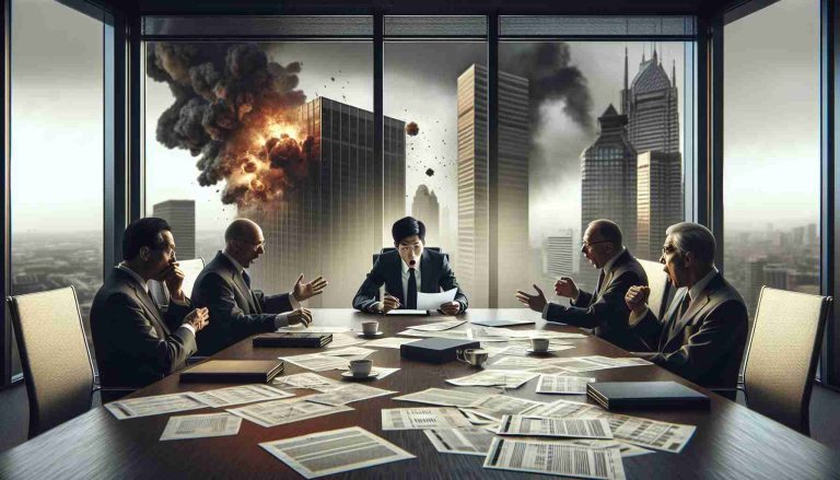 Realistic HD image of an intense boardroom situation, with documents scattered on the table and a shocked Asian businessman reading a note. The room's grand window overlooks tall skyscrapers, illustrating potential national security implications.