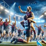 A high-definition and realistic image depicting pure joy and excitement of a group of sport players, the Renegades, as they celebrate their hard-earned and historic victory. They are in the middle of their sports field, jumping up high and fist-pumping in the air. They're hugging, showering each other with water from bottles and shouting out words of victory. The crowd around them is massively energized, cheering and waving banners in support. The sky is lit with bright stadium lights and fireworks creating an atmosphere of an unforgettable moment.