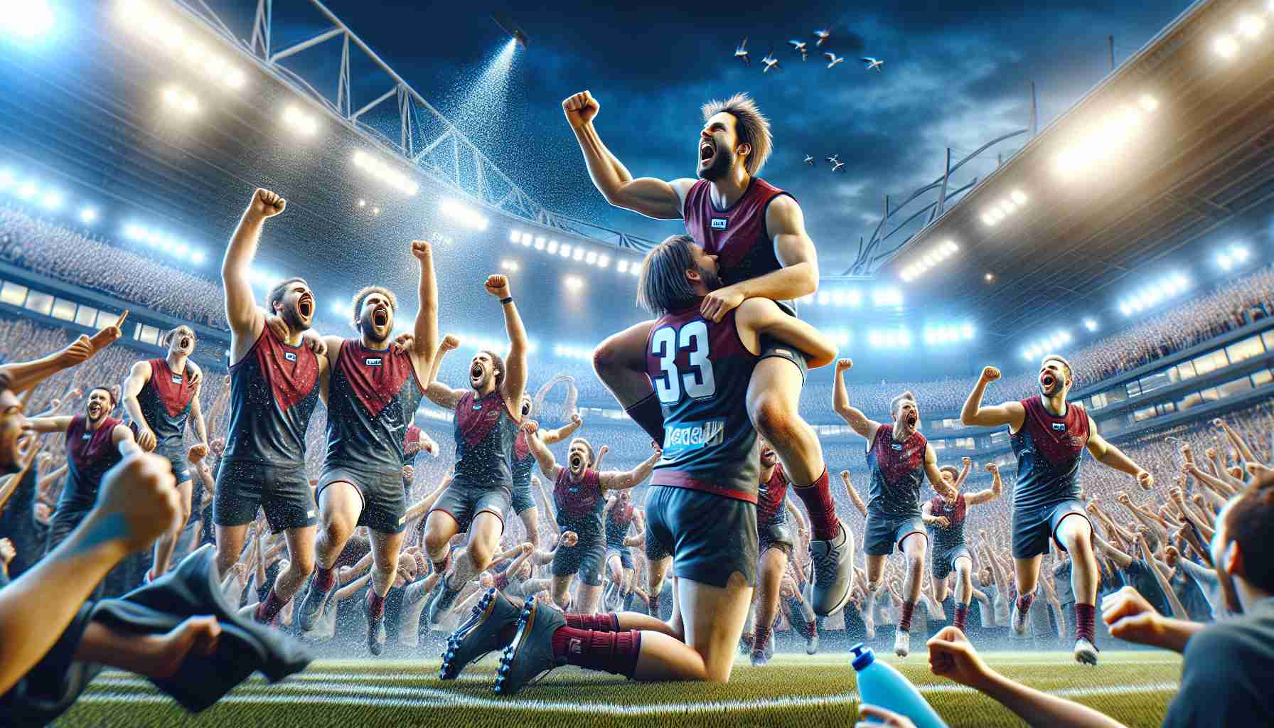 A high-definition and realistic image depicting pure joy and excitement of a group of sport players, the Renegades, as they celebrate their hard-earned and historic victory. They are in the middle of their sports field, jumping up high and fist-pumping in the air. They're hugging, showering each other with water from bottles and shouting out words of victory. The crowd around them is massively energized, cheering and waving banners in support. The sky is lit with bright stadium lights and fireworks creating an atmosphere of an unforgettable moment.